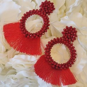 Red beaded and tassle earrings